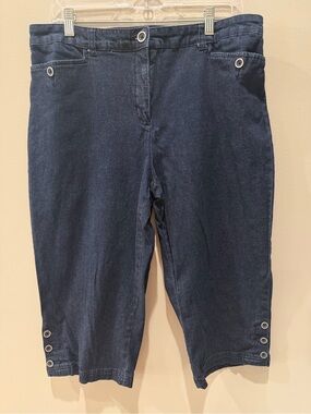 Karen Scott Petite Dark Navy Denim capris 16 elastic waist button detail